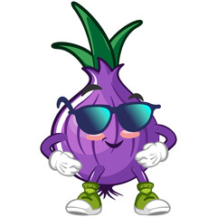 cartoon vector illustration of stylish onion character wearing cool sunglasses
