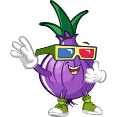 cartoon vector illustration of onion character wearing 3d glasses to watch a movie