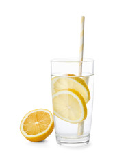 Fototapeta premium Glass with water and sliced lemon on white background