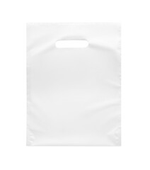 Blank plastic bag on white background, top view. Space for design