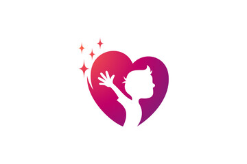 sparkling heart logo with happy boy silhouette inside, medical and healthcare icons