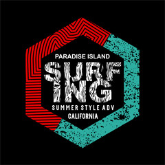 SURFING Hexagon design typography, Grunge background vector design text illustration, sign, t shirt graphics, print.