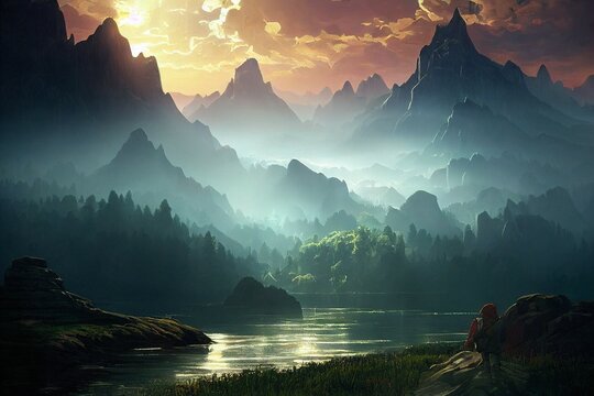Epic landscape forest water, river sunset. Digital, Illustration, Painting, Artwork, Scenery, Backgrounds	
