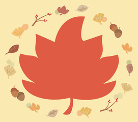 秋の紅葉背景イラスト、枯葉やや木の実、イチョウのかざり