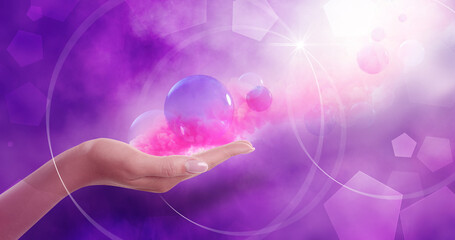 Concept of karma. Woman holding images of spheres and pink smoke on color background, closeup