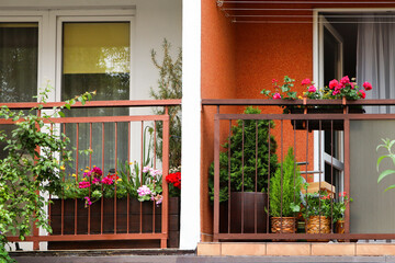 Fototapeta na wymiar Balcony decorated with beautiful flowers and green plants