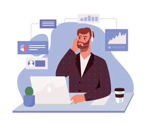 Operator at work. Man in headphones sits at laptop. Technical support, feedback. Consultant and assistant, hotline, call center. Information and answers to questions. Cartoon flat vector illustration