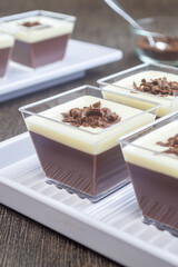puding coklat vla susu or chocolate pudding with vla milk sauce, Chocolate pudding is one of the desserts, made from chocolate, milk, sugar and other ingredients, has a soft texture and sweet taste.