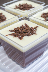 puding coklat vla susu or chocolate pudding with vla milk sauce, Chocolate pudding is one of the desserts, made from chocolate, milk, sugar and other ingredients, has a soft texture and sweet taste.