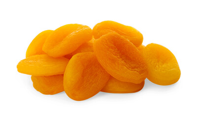 Pile of tasty apricots on white background. Dried fruits