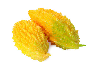 Fresh ripe bitter melons on white background, closeup