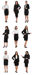 Collage with photos of hostess in uniform on white background