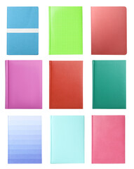 Set with stylish colorful notebooks on white background, top view