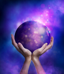 Concept of karma. Woman holding image of sphere and fairy lights on color background, closeup