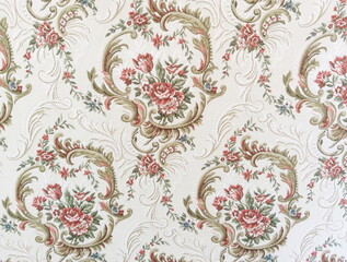 Fragment of colorful retro tapestry textile pattern with floral ornament useful as background