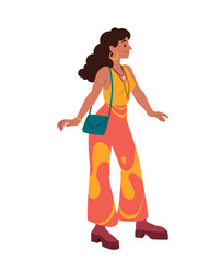 Woman from 80s. Young girl in red wide trousers and yellow Tshirt with blue purse. Disco or party, entertainment and event, celebration and festival in retro style. Cartoon flat vector illustration