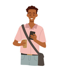 Man using mobile phone. Young guy with smartphone and mug of coffee in his hands. Character communicates on Internet. Chatting in social networks and messengers. Cartoon flat vector illustration