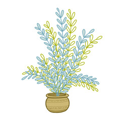 Hand drawn doodle vintage inspired potted fern plant with leafy branches isolated blue olive colors