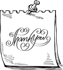 Hand drawn of  thank you on paper background, vector illustration
