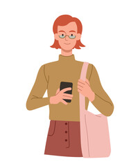 Woman using mobile phone. Young girl in glasses with bag and smartphone in her hands. Gadgets and devices. Modern technologies and digital world. Chatting online. Cartoon flat vector illustration