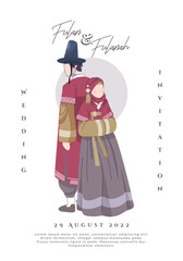 Korean Muslim couple illustration wearing traditional maroon dress