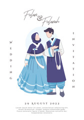 Korean Muslim couple illustration wearing traditional Blue dress