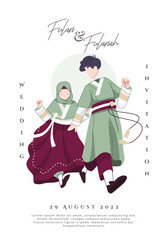 Korean Muslim couple illustration wearing traditional Blue dress