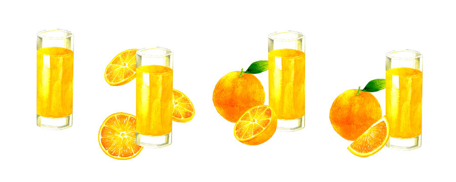 オレンジジュースのセット　飲み物の手描き水彩イラスト素材集