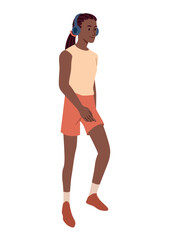 Woman walk concept. Young girl in red shorts, beige Tshirt and headphones. Character on cardio training, jogging. Athlete and sportswoman. Workout and fitness. Cartoon flat vector illustration