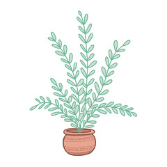 Hand drawn doodle vintage inspired potted fern plant with leafy branches isolated in green color