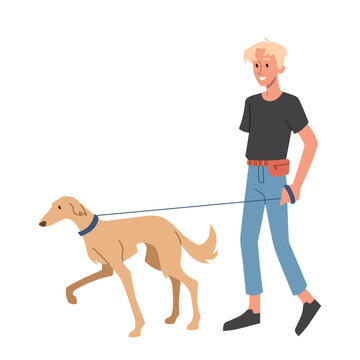 Man walk with dog. Young guy with white dog on leash. Owner and pet walking. Active lifestyle, leisure outdoor. Routine and household chores, love for animals. Cartoon flat vector illustration