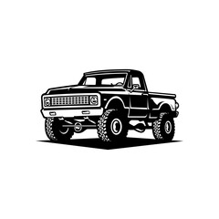 monochrome vintage pick up truck illustration logo vector - obrazy, fototapety, plakaty