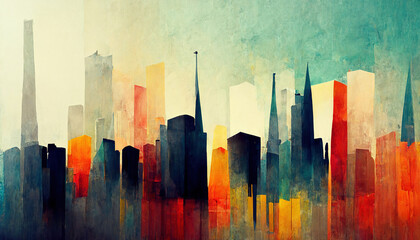 Spectacular watercolor painting of an abstract urban, cityscape, skyscraper scene in orange and teal, grayish smog. Double exposure building. Digital art 3D illustration.