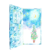 氷の扉　クリスマスツリー　夜空　手描き