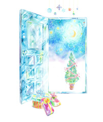クリスマス　氷のドア　クリスマスツリー　プレゼント　夜空　手描き