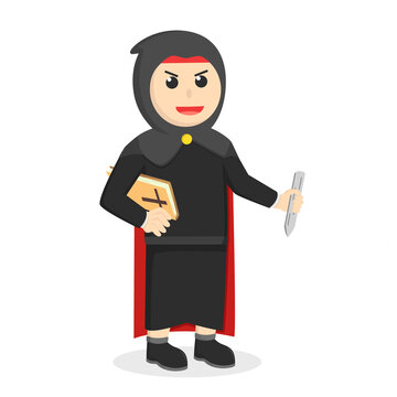 black monk holding stake and bible design character on white background