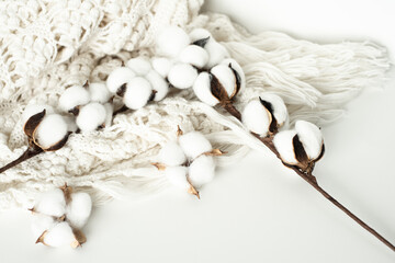 Light warm handmade knitted shawl on a light background with delicate cotton flowers. Place for text