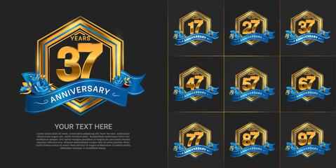 set of anniversary with gold color and blue ribbon can be use for celebration event