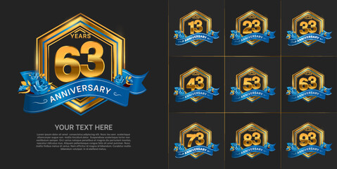 set of anniversary with gold color and blue ribbon can be use for celebration event