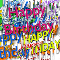 Abstract modern art decoration. Happy Birthday text, colorful cartoon quotation vector illustration with graphic background. Funny greeting card.