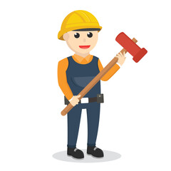 construction worker holding sledge hammer design character on white background