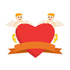 two cupid holding big heart and banner design character on white background