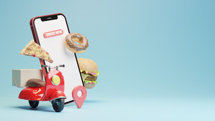 3d render online food order delivery on mobile illustration with scooter