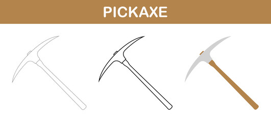 Pickaxe tracing and coloring worksheet for kids