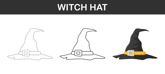 Witch Hat tracing and coloring worksheet for kids