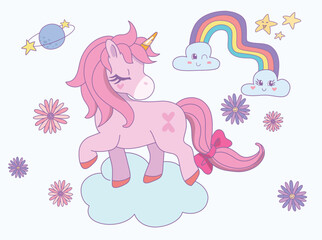 Cute unicorn standing with eyes closed and tail tied bow in the sky with rainbow and cloud. Vector design illustration.