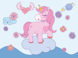 Cute unicorn standing with eyes closed in the sky with rainbow, flower and cloud. Vector design illustration.