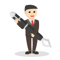 businessman holding giant pen design character on white background