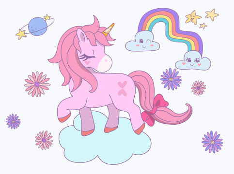 Cute unicorn standing with eyes closed and tail tied bow in the sky with rainbow and cloud. Design illustration.