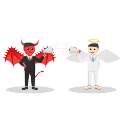 evil and angel businessman arguing with megaphone design character on white background
